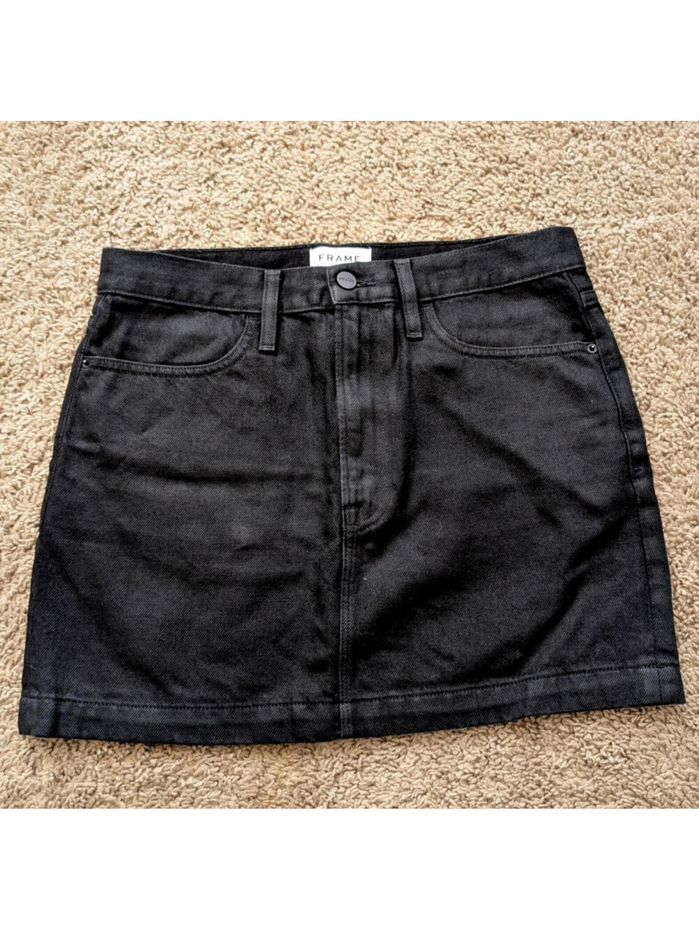 Quiet Luxury Frame Denim Noir Coated Black Grunge Goth Mini Skirt Size 27